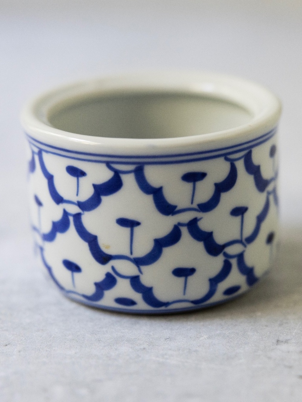 Asian Thai Thailand blue white mini ceramic cup bowl vintage 2.75" x 2"